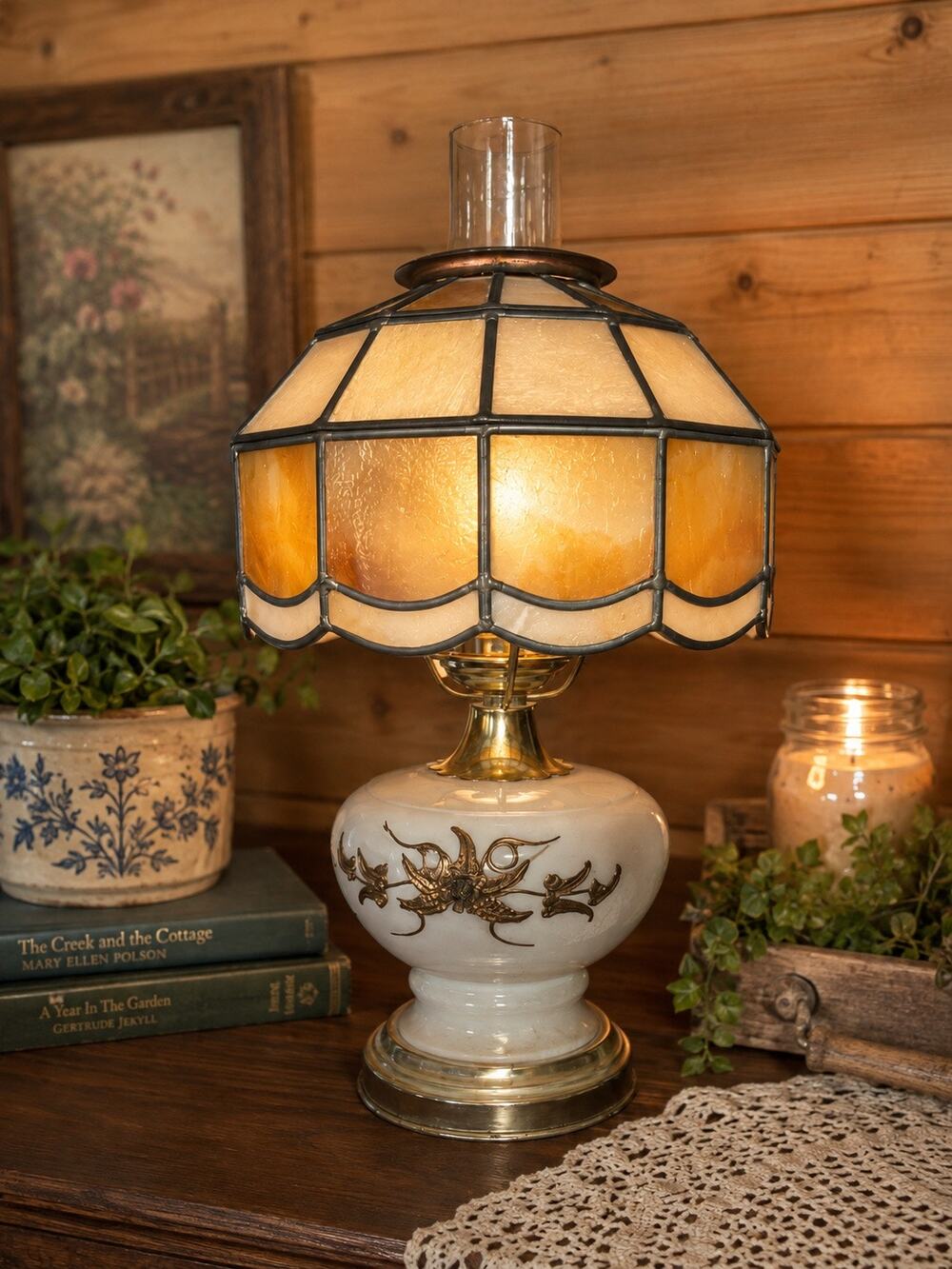 Vintage 3-Way Hurricane Parlor Lamp | Caramel Slag shade